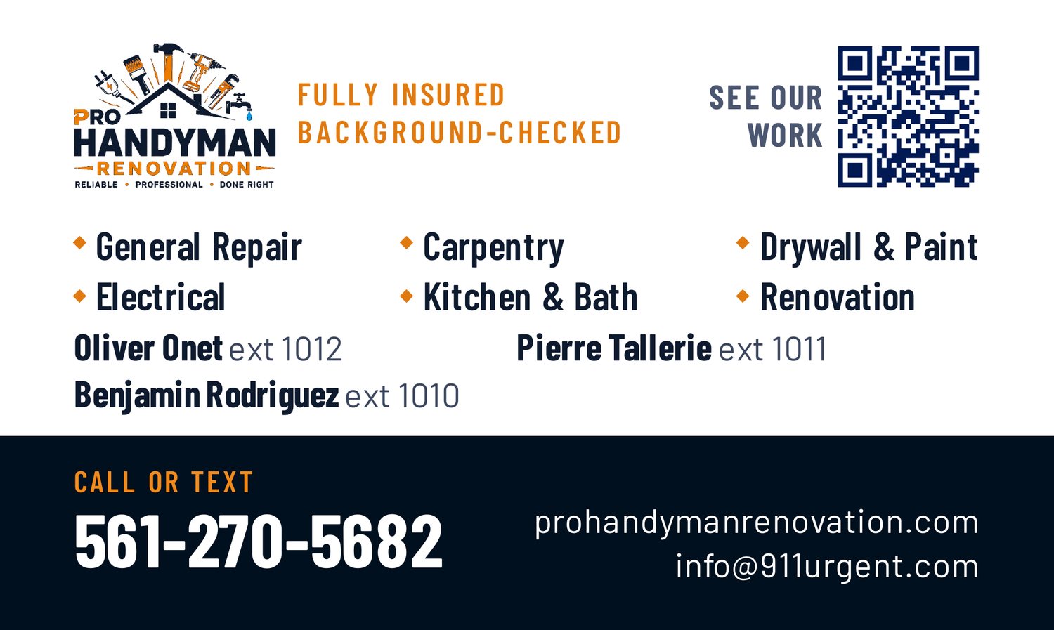 Pro Handyman Renovation business card, back: call or text 561-270-5682