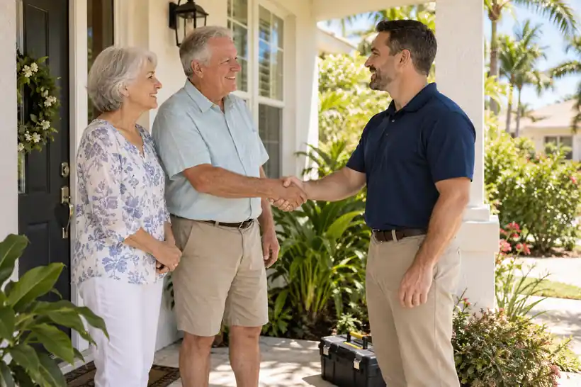Pro Handyman greeting a couple at their front door