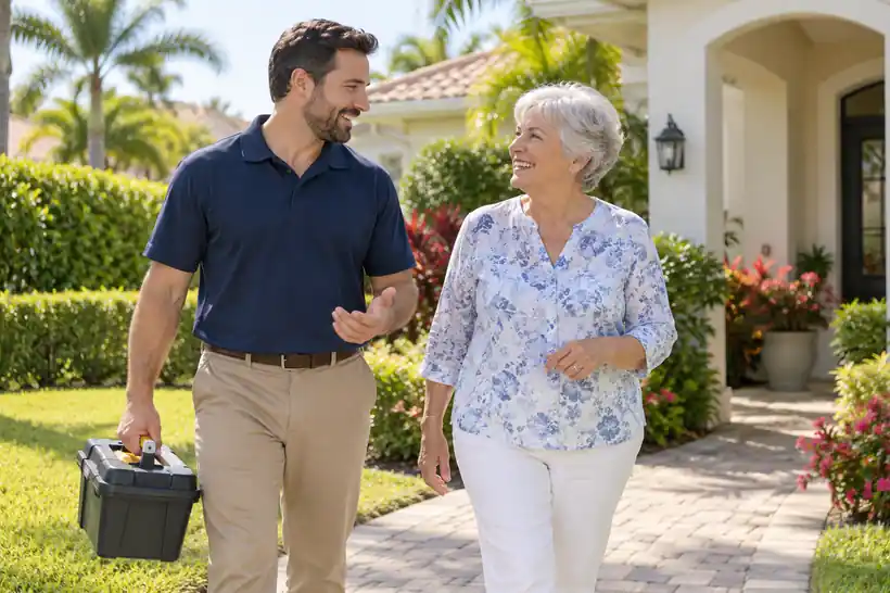 Pro Handyman walking a homeowner around her house
